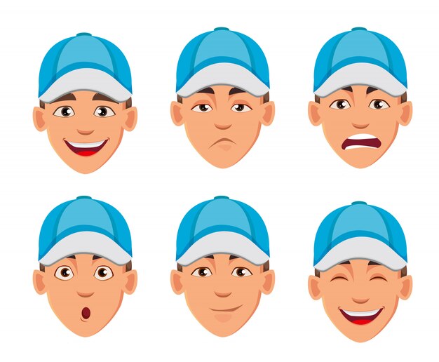 Face expressions of man in blue cap