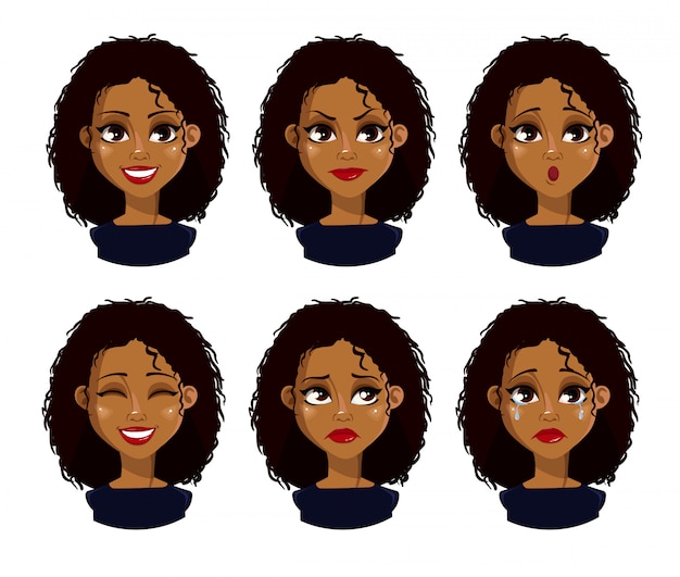 검은 머리를 가진 아프리카 계 미국인 여자의 얼굴 표정