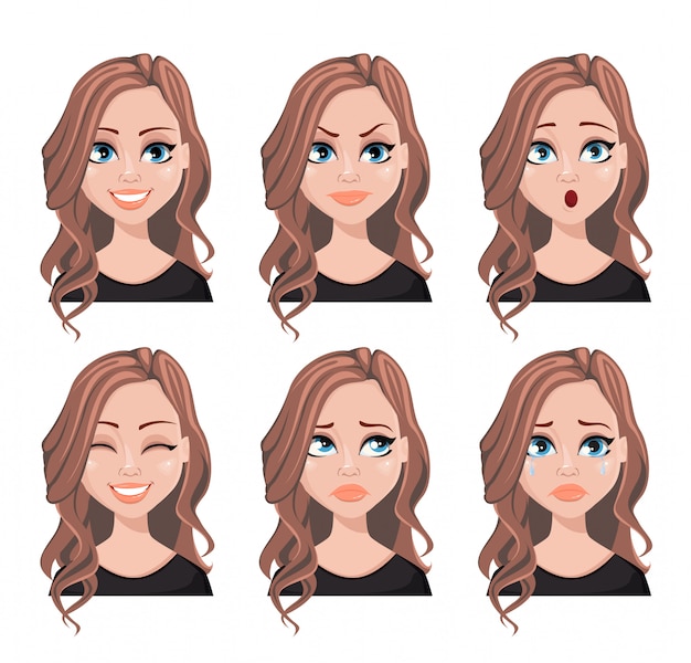 Vector face expressions of woman with brown hair