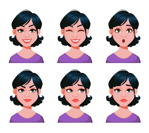 Vector face expressions of woman with stylish haircut