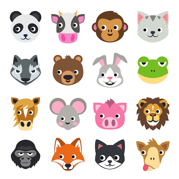 Face Funny Animal Cartoon Векторная иллюстрация Icon Set