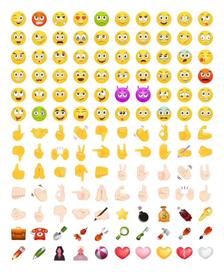 白い背景で隔離の顔と手の絵文字セットベクトルイラスト笑顔アイコンコレクション