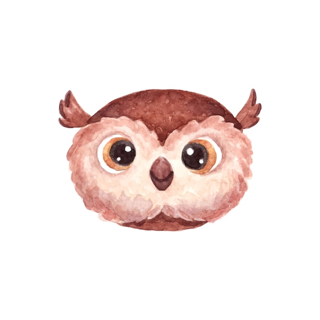 Face or head of cute owl Funny bird Watercolor illustration in cartoon style