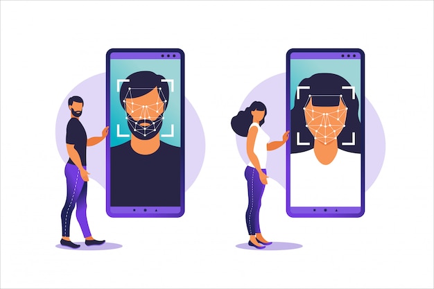 Face id, gezichtsherkenningssysteem. facial biometrisch identificatiesysteem scannen op smartphone. gezichtsherkenning systeemconcept. mobiele app voor gezichtsherkenning. illustratie