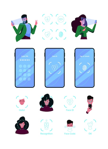 顔ID認識 スマートフォンのロックを解除 スマートシステムは個人の顔をスキャン 生体認証識別 派手なベクター画像テンプレート