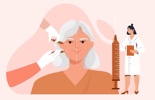 Face lifting concept woman in medical uniform with syringe near elderly person skin and face care fight against wrinkles spa treatment and medicine cartoon flat vector illustration