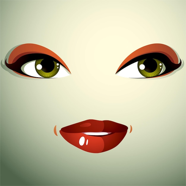 Vector face makeup, lips and eyes of an attractive woman displaying happiness.