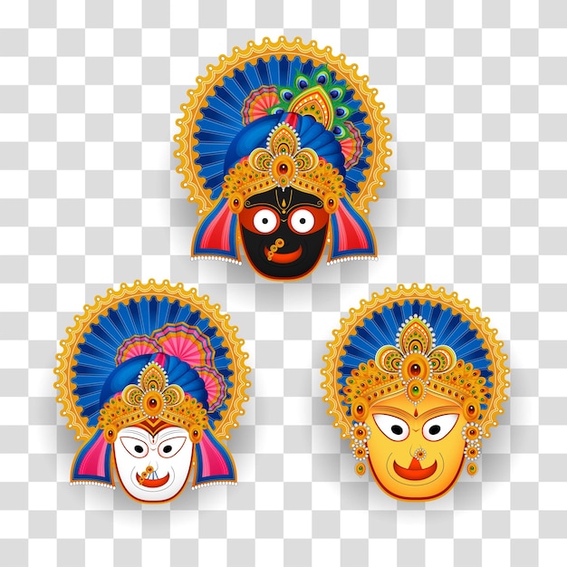 Vector face mask illustration of lord jagannath balabhadra and subhadra on png background for rathayatra