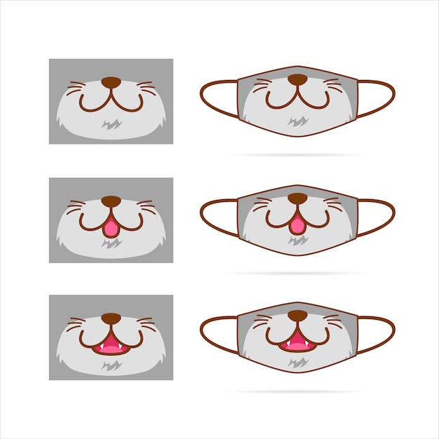 Face mask  set with cute gray cat dog wolf pet animal mouth face  illustration