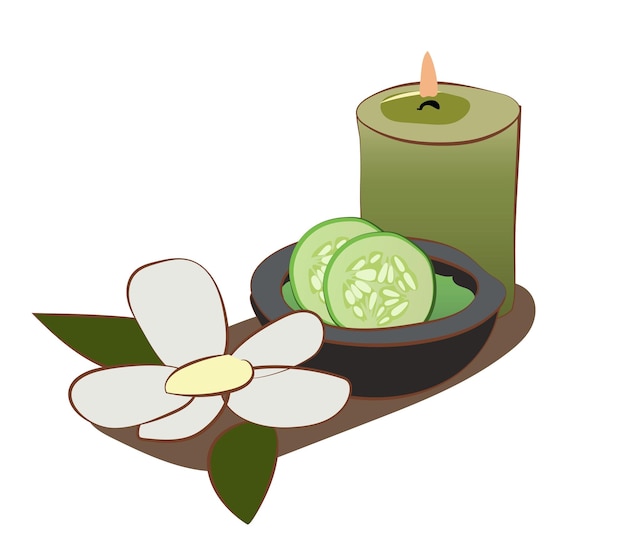 Vector a face mask with cucumbers and scented candles a flower in the spa equipment and kit for procedures