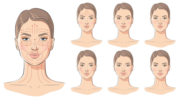 Face massage lines Facial massage instructions vector illustration