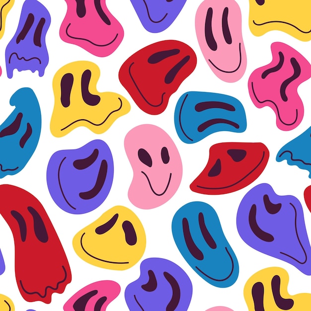 Vector face melt pattern happy drug faces exotic techno retro background funny psychedelic portraits textile 70s print surreal hippie decent vector seamless texture