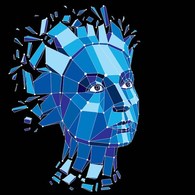 벡터 낮은 폴리 스타일과 연결된 선으로 만든 생각하는 여성의 얼굴, 3d 벡터 파란색 와이어프레임 인간 머리, 지능과 상상력을 상징하는 뇌 폭발.
