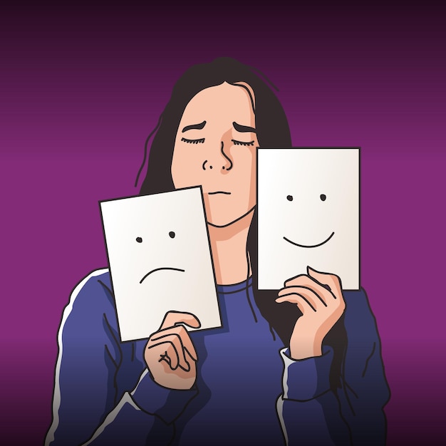 ベクトル メンタルヘルスのイラストに幸せと悲しみの2つの異なる表現で2つの紙を保持している女性の顔