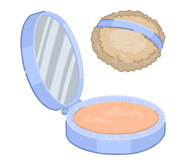 Clipart per la polvere per il viso e la spugna puff gli accessori di trucco cosmetici scarabocchi illustrazione vettoriale in stile cartone animato isolata su sfondo bianco