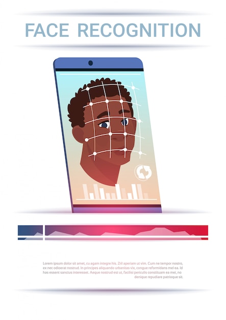 Vector face recognition concept smart phone scanning african american man modern access control technology