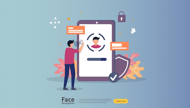 face recognition data security design. facial biometric identification system scanning on smartphone.