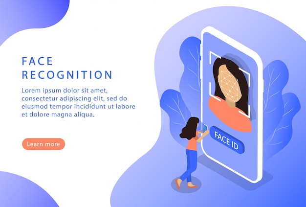 Face recognition. Face ID. Isometric. Landing page for web sites.