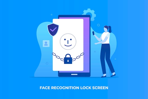 Face recognition lock screen illustration concept for websites landing pages