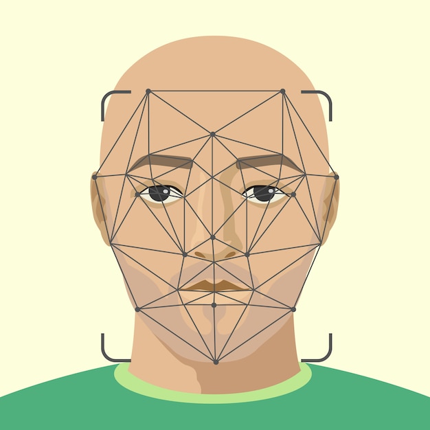 Vector face recognition. man face with beard scanning. video search for a criminal.