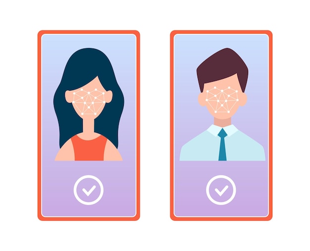 顔認識 スマート フォンは、画面上で男と女が直面している情報を受け入れた データベース情報 安全な新しい技術のベクトルの概念