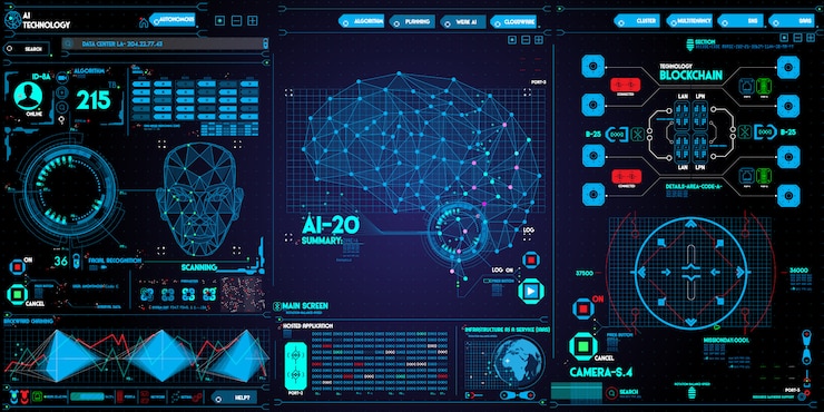 Vector face recognition system with low polygon human face scanning and user interface on dark 
