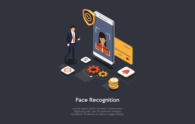 暗い背景に顔認識技術の概念図。漫画スタイルの3D構図。等角ベクトルデザイン。プライバシー保護。スマートフォンアクセスイノベーション。インフォグラフィックと人。