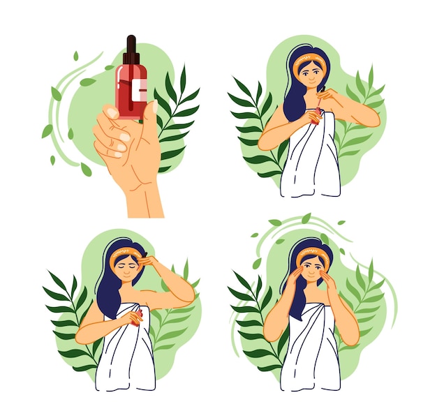 face skin serum oil care woman essential skincare beauty procedure girls makeup or facial massage moisturizer cosmetic bottle dropper plant leaves vector infographic illustration
