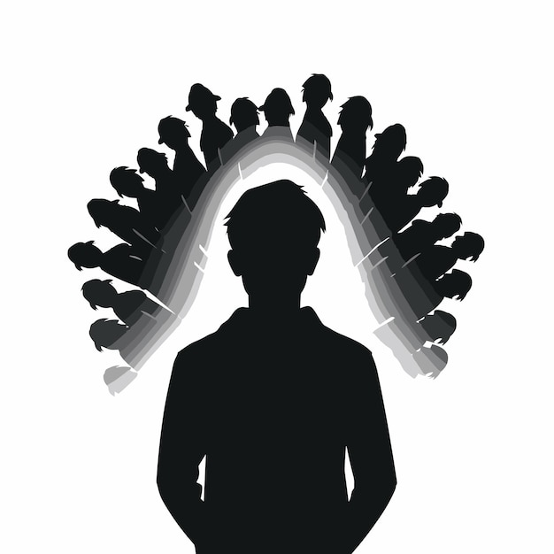 The face of a social phobe with frightened eyes silhouettes of people stand behind him Vector