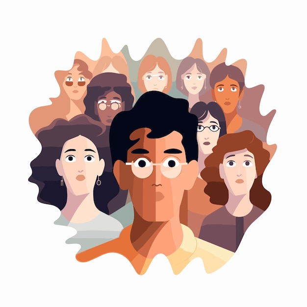 Vector the face of a social phobe with frightened eyes silhouettes of people stand behind him vector