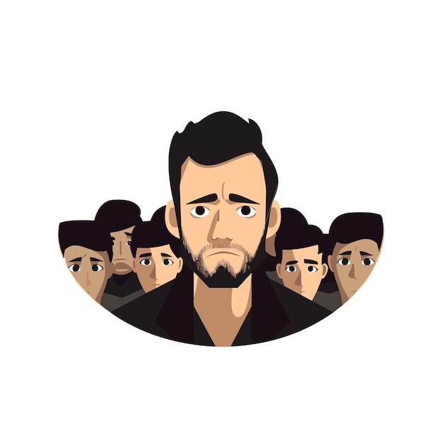 Vector the face of a social phobe with frightened eyes silhouettes of people stand behind him vector