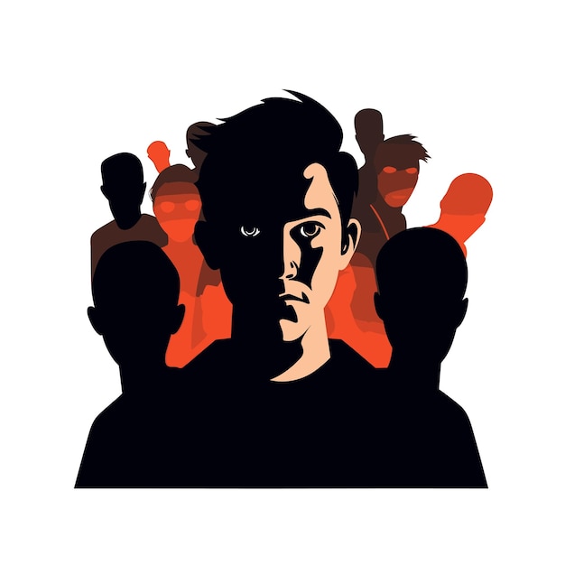 Vector the face of a social phobe with frightened eyes silhouettes of people stand behind him vector