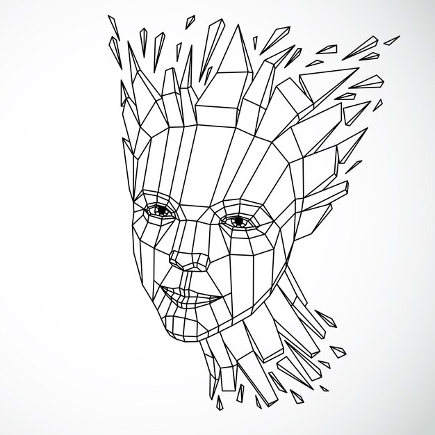 Face of a thinking woman created in low poly style, 3d vector human head, brain exploding which symbolizes intelligence and imagination.