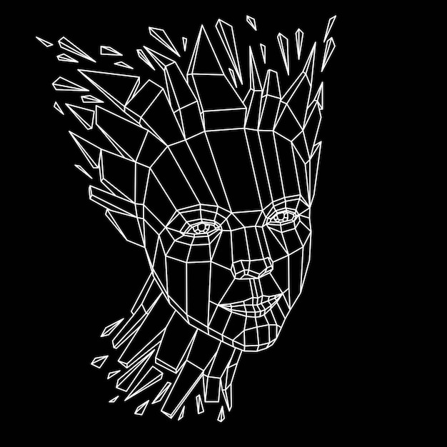 Vector face of a thinking woman created in low poly style, 3d vector human head, brain exploding which symbolizes intelligence and imagination.