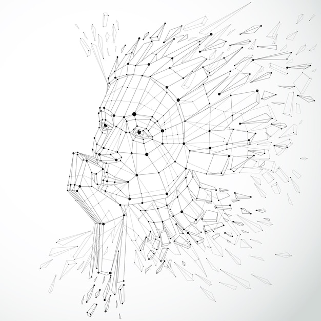 Face of a thinking woman created in low poly style and with connected lines, 3d vector black and white wireframe human head, brain exploding which symbolizes intelligence and imagination.