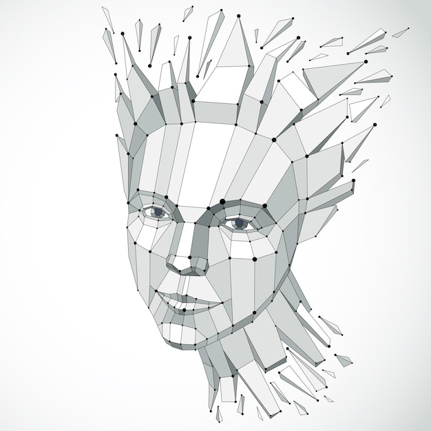 Face of a thinking woman created in low poly style and with connected lines, 3d vector grayscale wireframe human head, brain exploding which symbolizes intelligence and imagination.