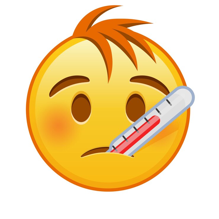 Vector face with thermometer large size of yellow emoji smile with hair