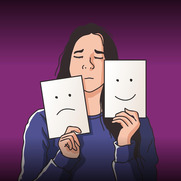 Vector face of a woman holding two papers with two different expressions happy and sad for mental health illustration