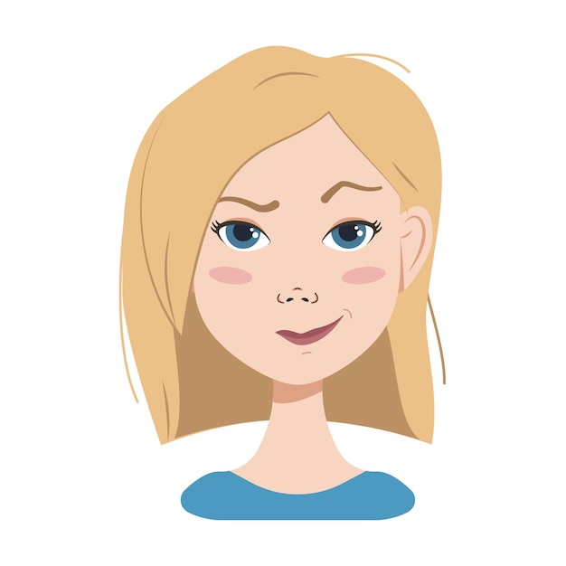 Vector face of a woman with blond hair blue eyes and a bob haircut different emotions happy sad surprised j...