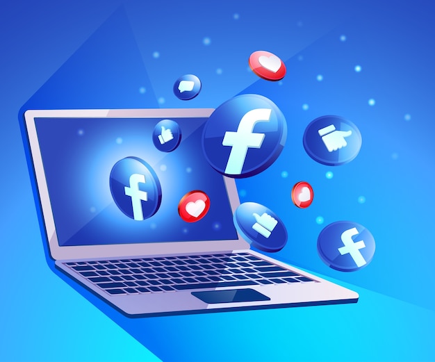 Vector facebook 3d social media iicon with laptop dekstop