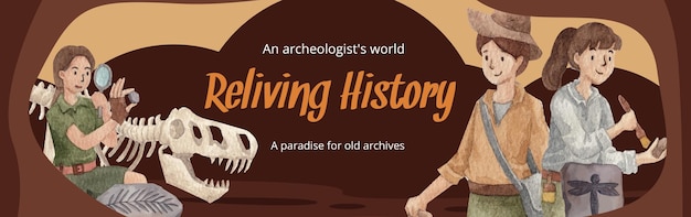 ベクトル 化石考古学者のコンセプトを持つfacebook広告テンプレート水彩風