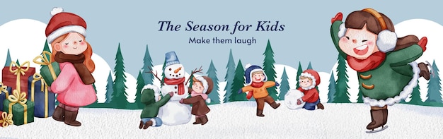 Facebook-advertentiesjabloon met kinderen genieten van winterconcept aquarelstijl