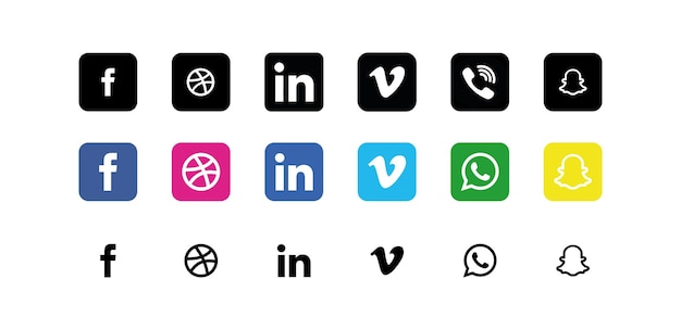 Facebook Dribble Linkedin Vimeo WhatsApp Snapchat логотипы социальных сетей Сборник популярных социальных сетей или социальных сетей Векторные иконки