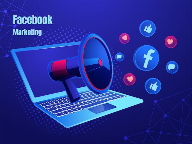 노트북 및 확성기 디지털 마케팅 소셜 미디어 개념이 있는 Facebook 아이콘