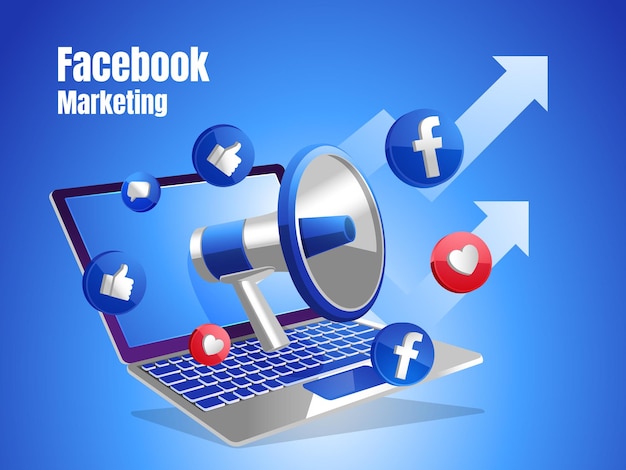 Facebook icons with laptop and megaphone digital marketing social media concept