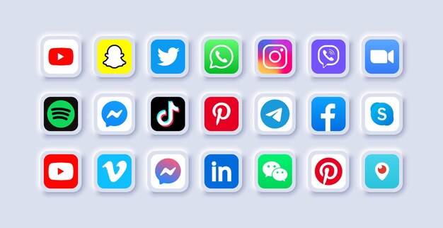 Vector facebook instagram snapchat twitter youtube whatsapp viber spotify tiktok pinterest telegram skype messenger duo logo logotype of social networks neomorphism editorial