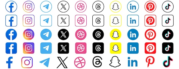 Vector facebook instagram telegram x dribble threads snapchat linkedin pinterest tiktok set logo