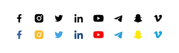 Facebook Instagram Twitter Linkedin YouTube Telegram Snapchat Vimeo popular social media logo Vector editorial illustration