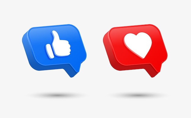 소셜 미디어 알림 아이콘을 위한 3d 둥근 말풍선 버튼의 Facebook 좋아요 및 사랑 아이콘