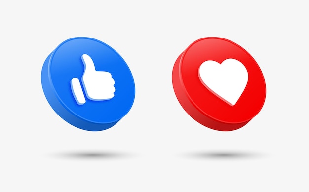 Vector facebook like and love icon in 3d round circle button for social media notification icons